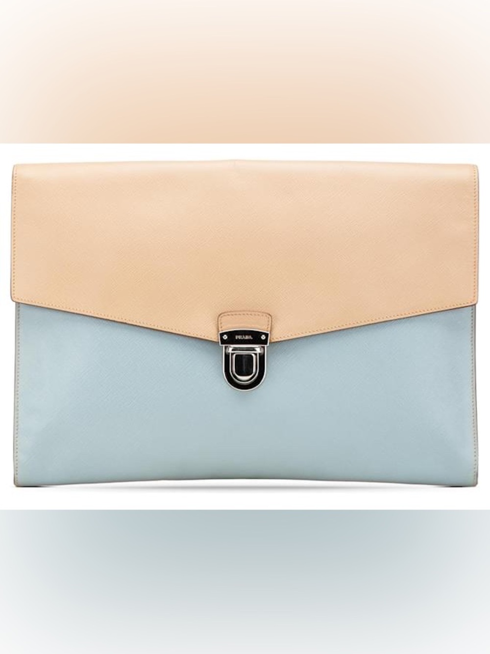 Prada Blue Bicolor Saffiano Envelope Pushlock Clutch Portfolio